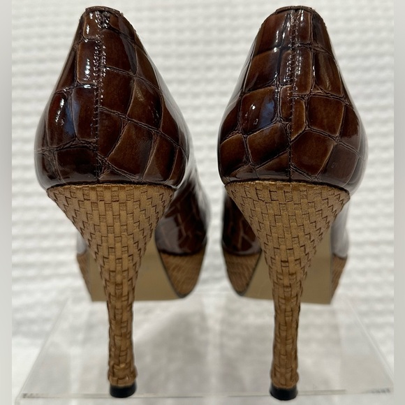 Sergio Zelcer Brown Alligator Peep Toe 4” Platform Heels~Woven Bottoms~Handmade - Picture 5 of 16
